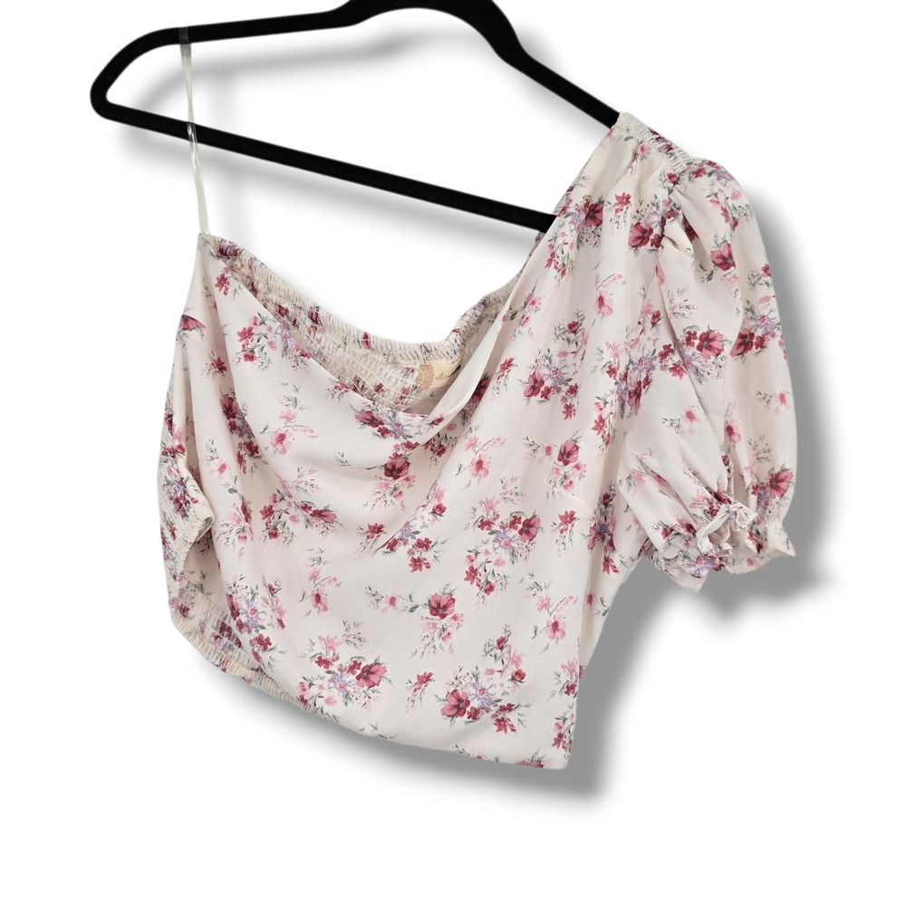 Altar'd State One Shoulder Ditsy Floral Smocked Crop Top Cream Pink Large